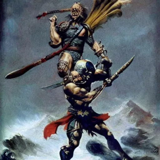 Image similar to Joe Biden as a warrior in a frazetta painting.