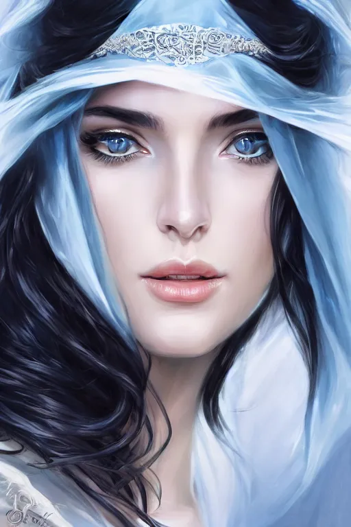 Prompt: Ameera al-Taweel, blue eyes, long wavy black hair, fierce look, white veil, closeup, focus face, elegant, highly detailed, centered, digital painting, artstation, concept art, art by artgerm and donato giancola and Joseph Christian Leyendecker, Ross Tran, WLOP