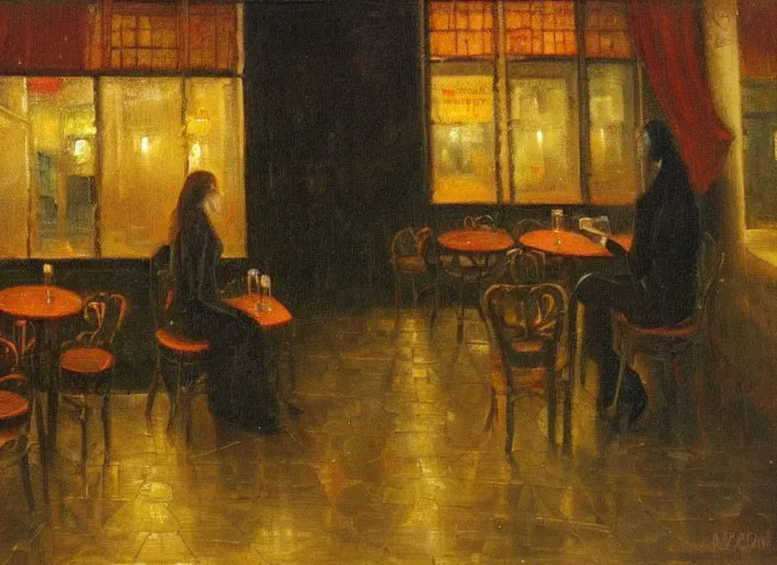 Image similar to being alone at a cafe on a melancholic rainy night by ardon, mordecai, oil painting