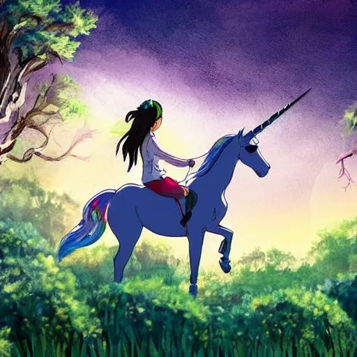 Prompt: a bautiful girl riding a unicorn in the forest. Digital art in the style of studio ghibli