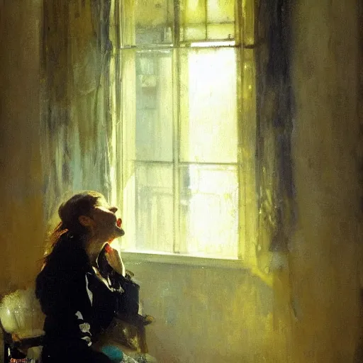 Image similar to portrait of a screaming person, in soft window light, golden hour, by jeremy mann, anders zorn.