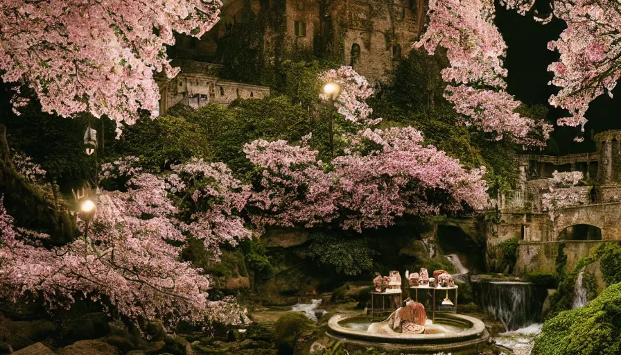 Prompt: a Petra Collins photo, 35mm film still of a very surreal magical European castle with a cafe in a lush waterfall garden, falling cherry blossoms pedals, in the style of Gucci and Wes Anderson glowing lights and floating lanterns, foggy atmosphere, rainy, moody, muted colors, magic details, very detailed, 8k, cinematic look