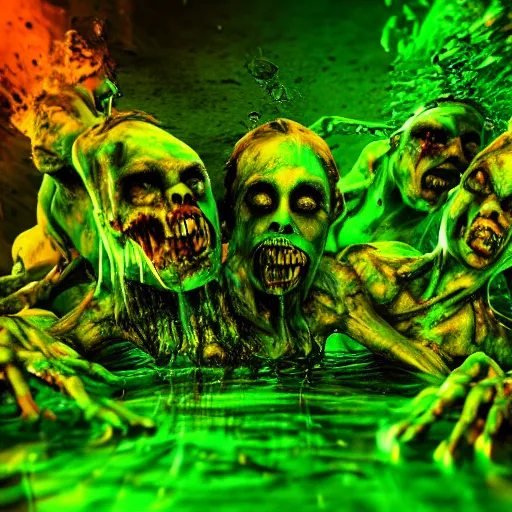Prompt: zombie creatures in green liquid, green oozing pool pit, cinematic lighting, various refining methods, micro macro autofocus, ultra definition, award winning photo