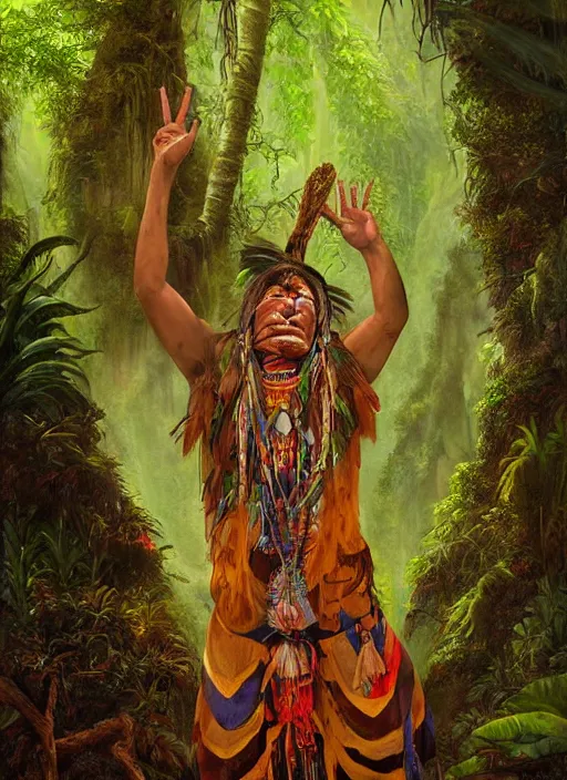 Image similar to a beautiful painted portrait of an indigenous shaman chanting in the jungle, matte painting, fantasy art, ayahuasca