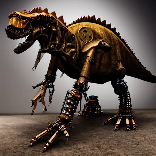 Prompt: a steampunk robotic dinosaur, dark background, super - detailed, photo - realistic,
