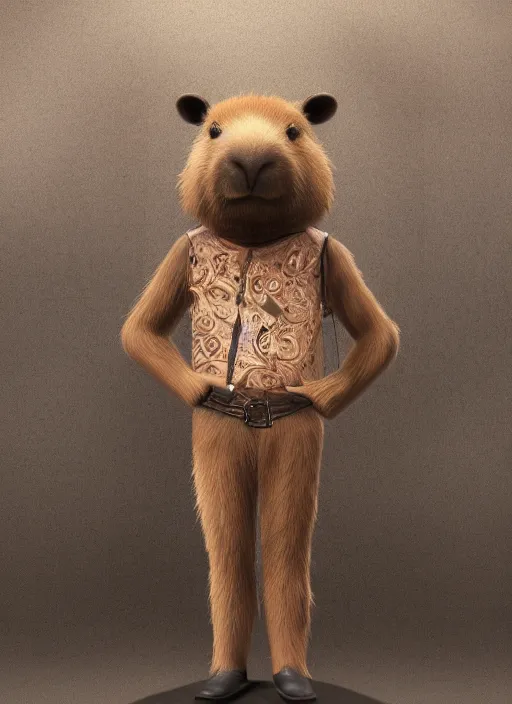 Prompt: detailed full body concept art illustration matte painting of an anthropomorphic capybara plush toy in full intricate clothing, ultra detailed, digital art, octane render, 4K, dystopian, micro details