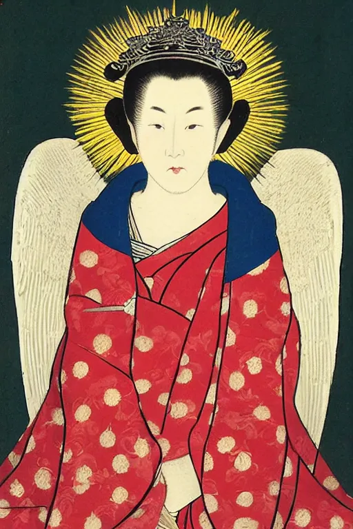 Image similar to Angel with a crown of light, in the style of Utamaro