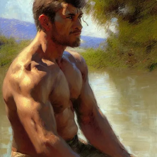 Image similar to man by the river, muscular, detailed face, correct face, painting by Gaston Bussiere, Craig Mullins