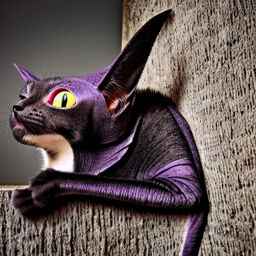 Image similar to a feline bat - cat + chameleon + hybrid, animal photography