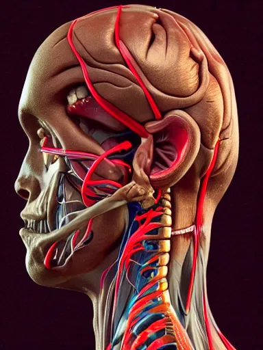 Prompt: anatomical sculpture of central nervous system : : quixel megascans, photorealism, cgi, digital concept art, redshift render, physically based rendering, cinematic, filmic : : illustrated on black paper by artgerm, nychos, alan grey