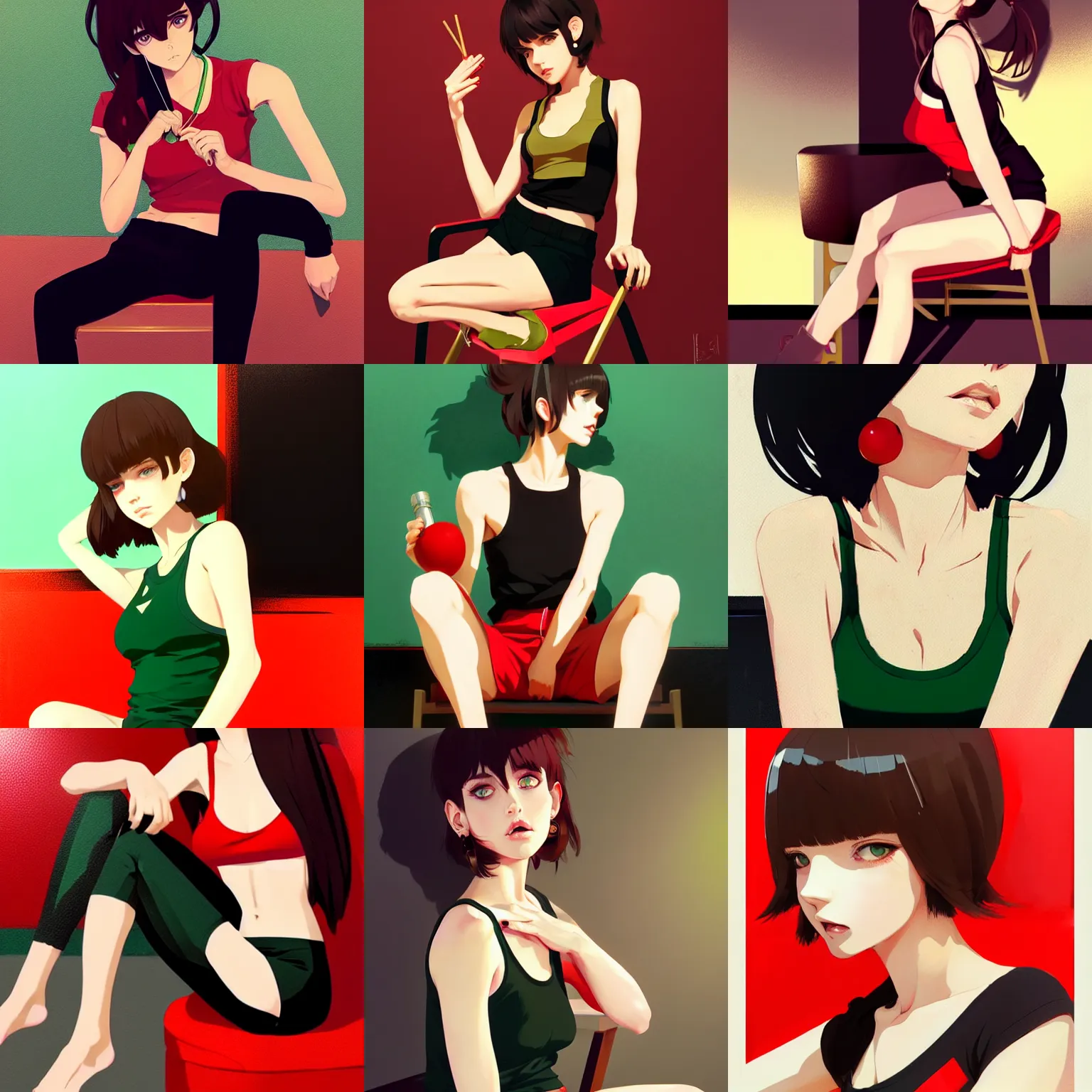 Prompt: sexy girl with brown hair and green eyes, wearing a white tanktop and black shorts and golden earrings, sitting in a chair, painted with red and black color palette, in the style of and ilya kuvshinov and greg rutkowski, high quality anime artstyle, intricate