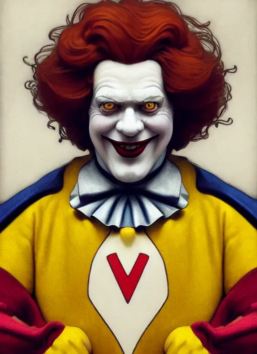 Prompt: close up portrait of ronald mcdonald, court jester, yellow jumper with white collar by artgerm, cushart krenz, greg rutkowski, mucha. art nouveau. gloomhaven, golden arches logo, pale colors, sharp edges. ultra clear detailed. 8 k. elegant, intricate, octane render