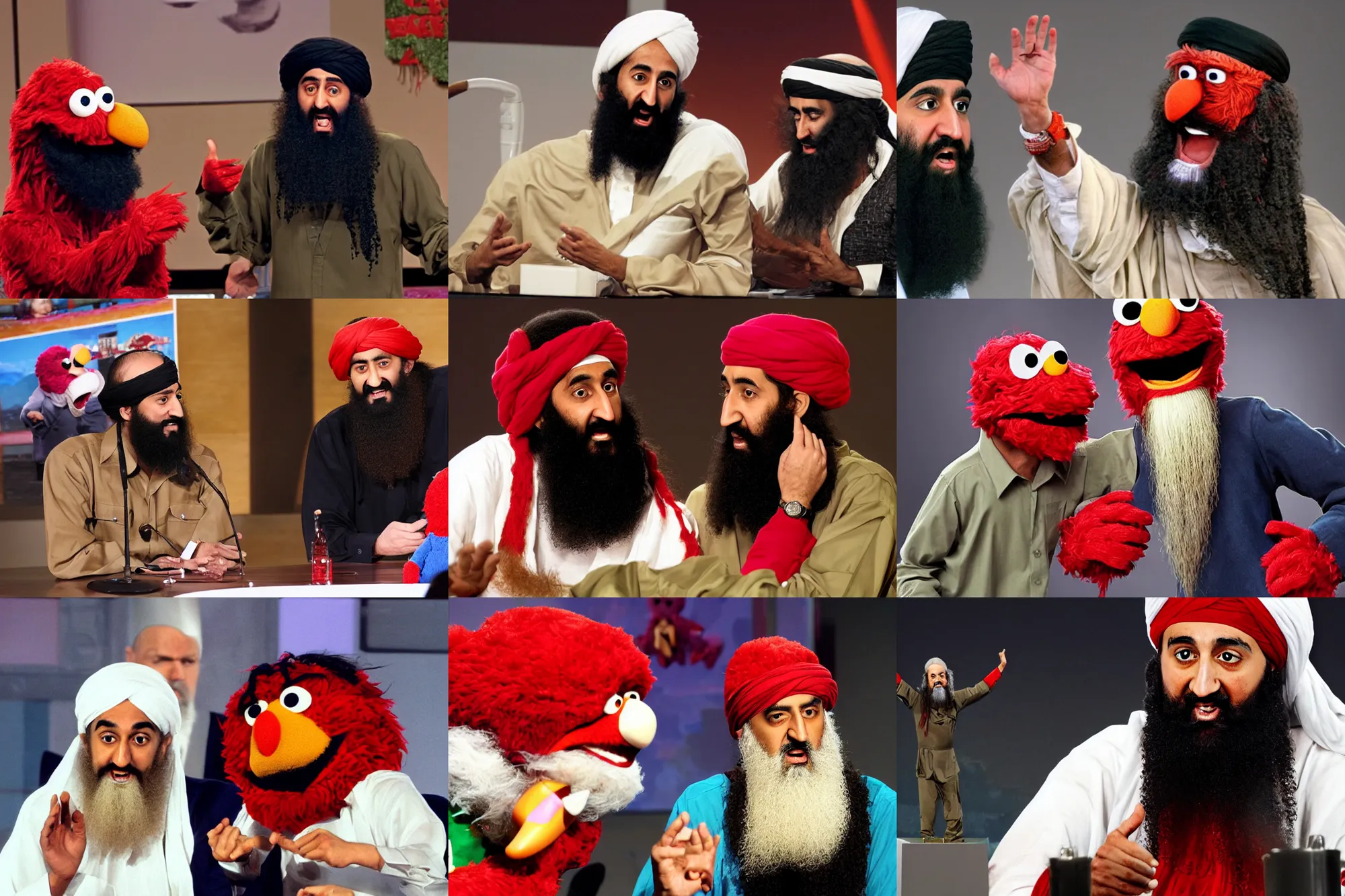 Prompt: osama bin laden debating elmo