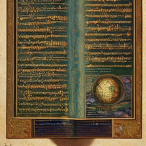 Image similar to intricately detailed physically based octane render of an epic illuminated manuscript codex, the blueprints for unlocking the secrets of the universe :: designed by Luigi serafini, nikola tesla, Leonardo da Vinci, 8k