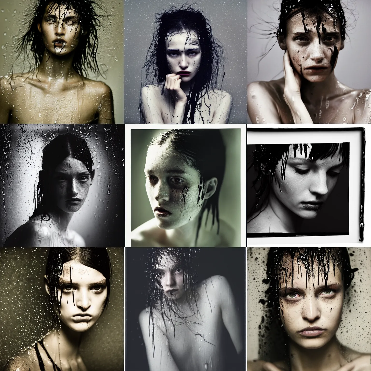 Prompt: a photo by paolo roversi of a young woman with mascara running down her cheek, wet in the rain, low - key lighting, backlit, dark, soaked white clothing, hasselblad