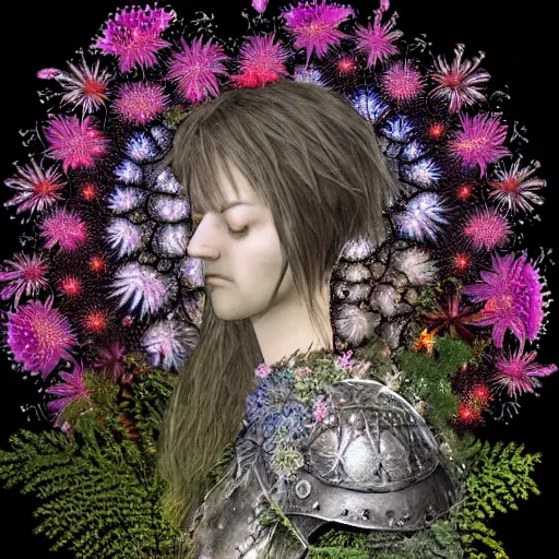 Image similar to an knight, stern face, clear eyes, shining armour made of steel and flowers, and fractal flowery hair in a fractal garden, glowing delicate flower and ferns that grow in a dark fatansy forest,