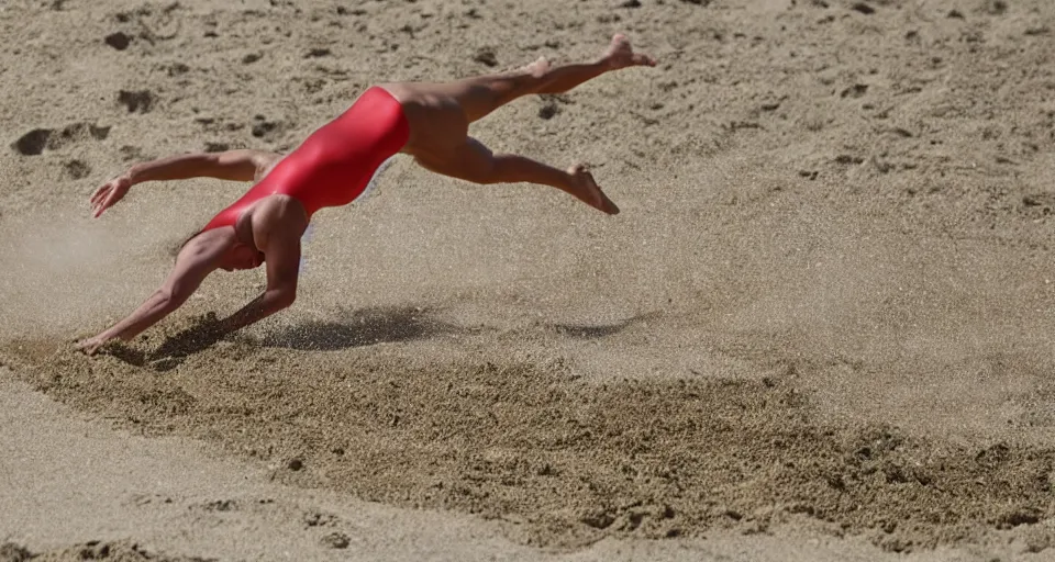 Image similar to olympic swimming in sand instead of water, extremely coherent, motion blur