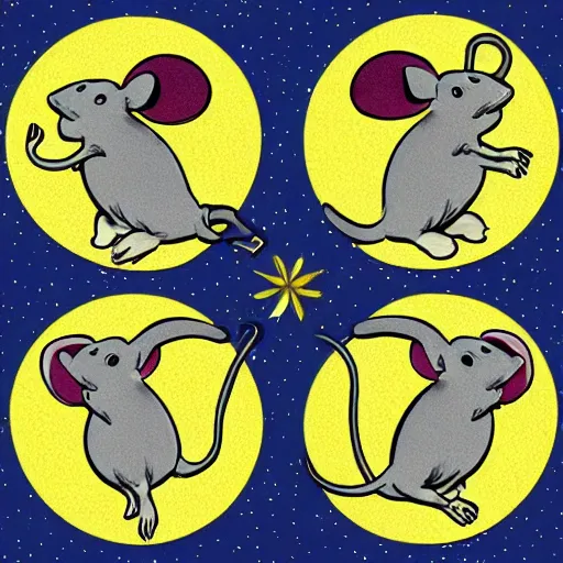 Image similar to a four panel illustration of four identical mice rotating in space with a black background