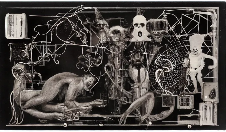 Prompt: GUI for a cursed program that summons the Howler Monkey Gods, futuristic, esoteric, by Nam June Paik, Man Ray, Charles Dellschau, Toshiko Okanoue