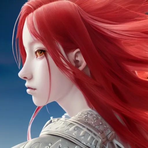 Image similar to a long - red - haired female knight as an absurdly beautiful, elegant, young sensual anime girl, floating in the sky, ultrafine hyperrealistic detailed face illustration by kim jung gi, irakli nadar, intricate linework, sharp focus, bright colors, matte, final fantasy, unreal engine highly rendered, global illumination, radiant light, intricate environment