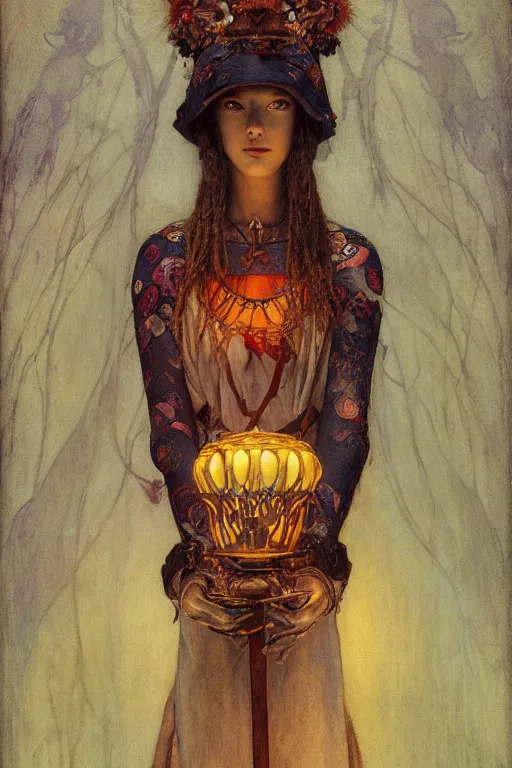 Prompt: queen of the dead with her lantern and regalia, by Annie Swynnerton and Nicholas Roerich and jean delville and Gaston Bussière, black leather and embroidered velvet, iridescent beetles, ramatic cinematic lighting, featured on Artstation, extremely detailed