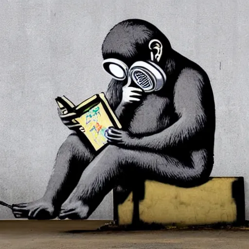 Image similar to a single Monkey reading a book, wearing a gas mask, graffiti, edge to edge, solid color background intricate, highly detailed, smooth, sharp focus, detailed face and body, high contrast, art by banksy