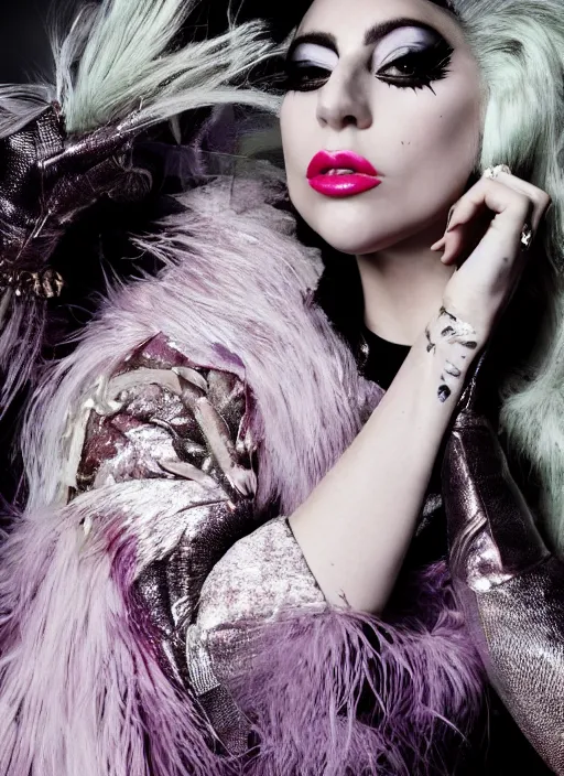 Prompt: lady gaga styled by nick knight posing, archive fashion, vogue magazine, canon, highly realistic. high resolution. highly detailed. dramatic. 8 k. 4 k.