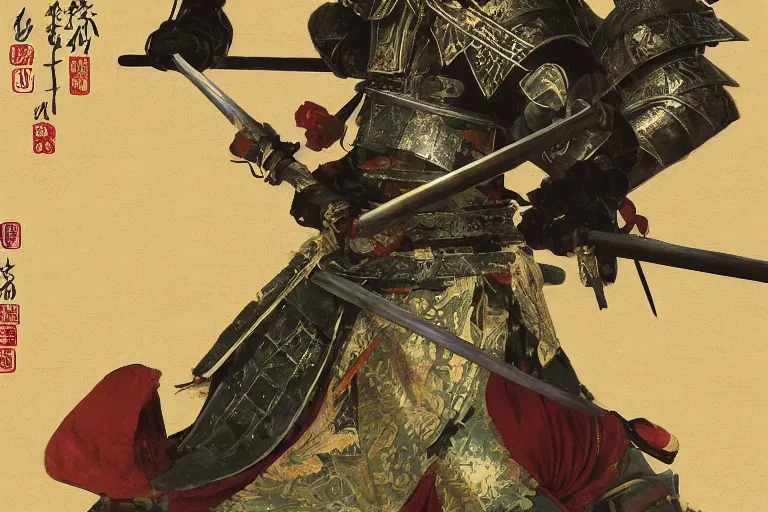 Prompt: close up of samurai in full armor, in a mysterious and bamboo forest, dawn, by huang guangjian and gil elvgren, sachin teng, greg manchess