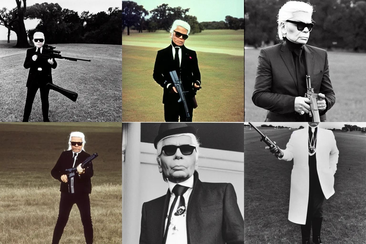 Prompt: Karl Lagerfeld holding a rifle, standing on the grassy knoll in Texas at the JFK shooting