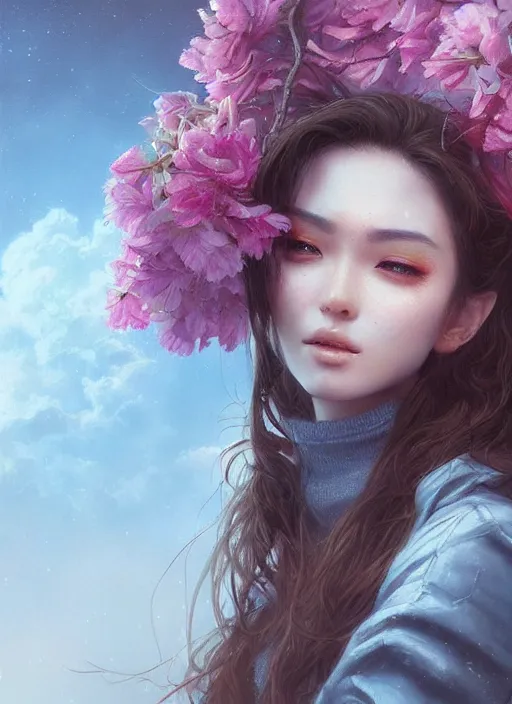 Image similar to beautiful, young eurasian woman, extremely detailed gorgeous face, looks realistic, hyper-detailed portrait, sad eyes tears, vaporwave aesthetic, synthwave, magical, fantasy, flowers, artist Artgerm and Greg Rutkowski and WLOP