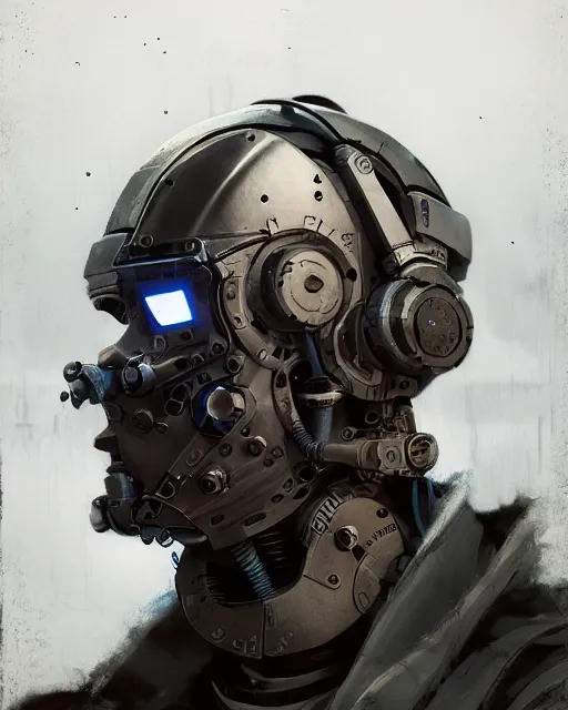 Image similar to a half - masked curious laboratory engineer man with cybernetic enhancements as seen from a distance, scifi character portrait by greg rutkowski, esuthio, craig mullins, 1 / 4 headshot, cinematic lighting, dystopian scifi gear, gloomy, profile picture, mechanical, half robot, implants, steampunk