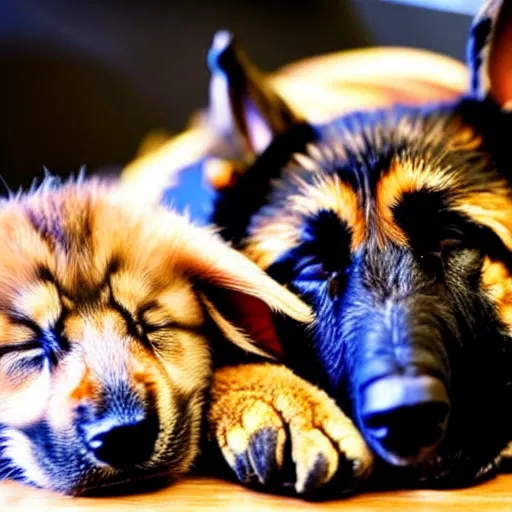 Image similar to german shepherd sleeping in arms with a kitten