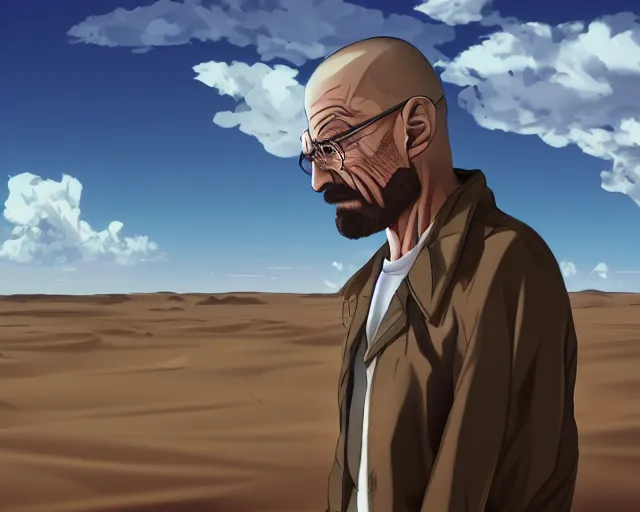 Prompt: walter white in a desert, anime artstyle, detailed, accurate, 4 k, cinematic, dynamic lighting