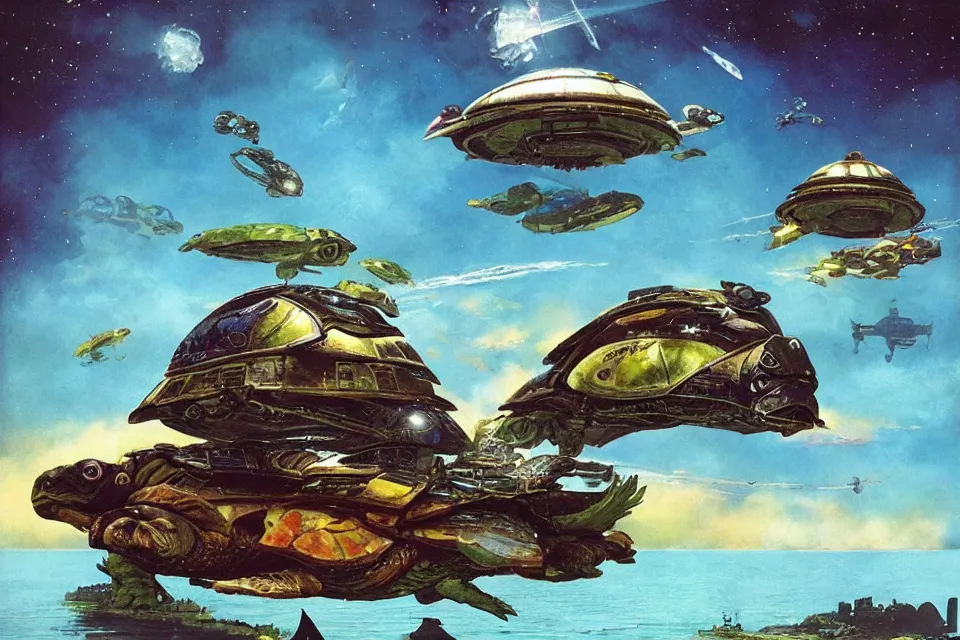 Prompt: an epic chris foss painting of a turtle spaceship and a carp spaceship.