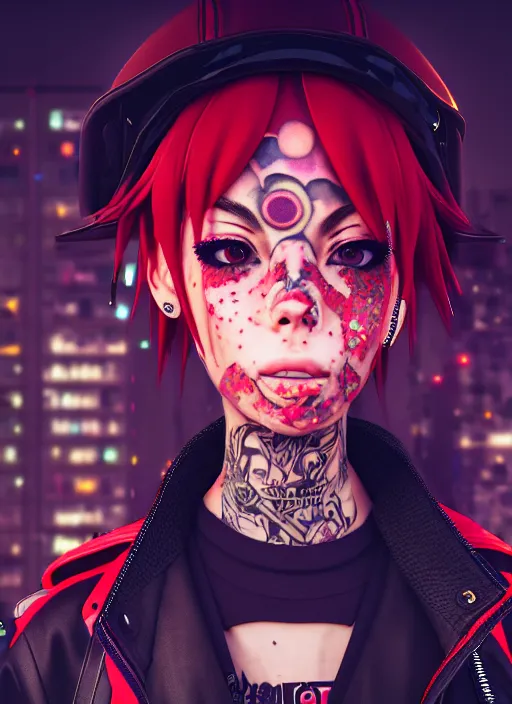 Image similar to portrait of a streetwear anime style woman wearing thick mascara, crying, a city on fire in the background, police lights shine on her face, tattoos, dark glitter, Cinestill 50d, 4k, 8k, hd, full color, octane render, trending on artstation, highly detailed