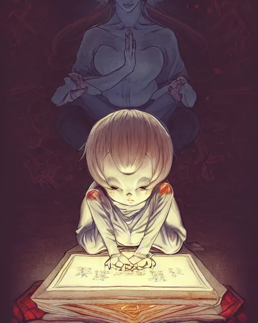 Prompt: a tiny adorable demon meditating, wrapped in sacred parchment with glowing text, smooth, intricate, elegant, digital painting, artstation, power runes, pulsing energy, concept art, sharp focus, octane render, illustration, art by shintaro kago and takato yamamoto, overwatch character,