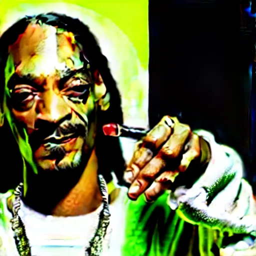 Image similar to Snoop Dog with big eyes eye color red , smiling and holding a joint in his hand