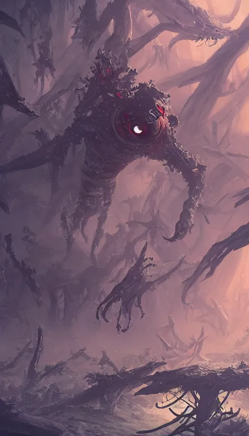 Image similar to astronaut exploring a storm vortex made of many demonic eyes and claws over a forest, by blizzard concept artists