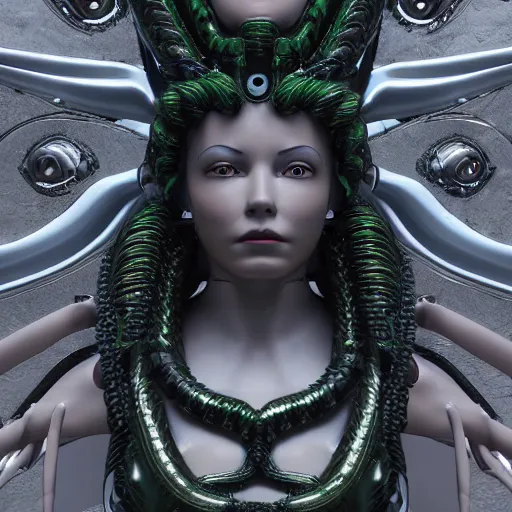 Prompt: portrait photo of a robotic gorgon medusa with borg implants, highly detailed, unreal 5 nanite, path tracing illumination, cinematic quality, 8k