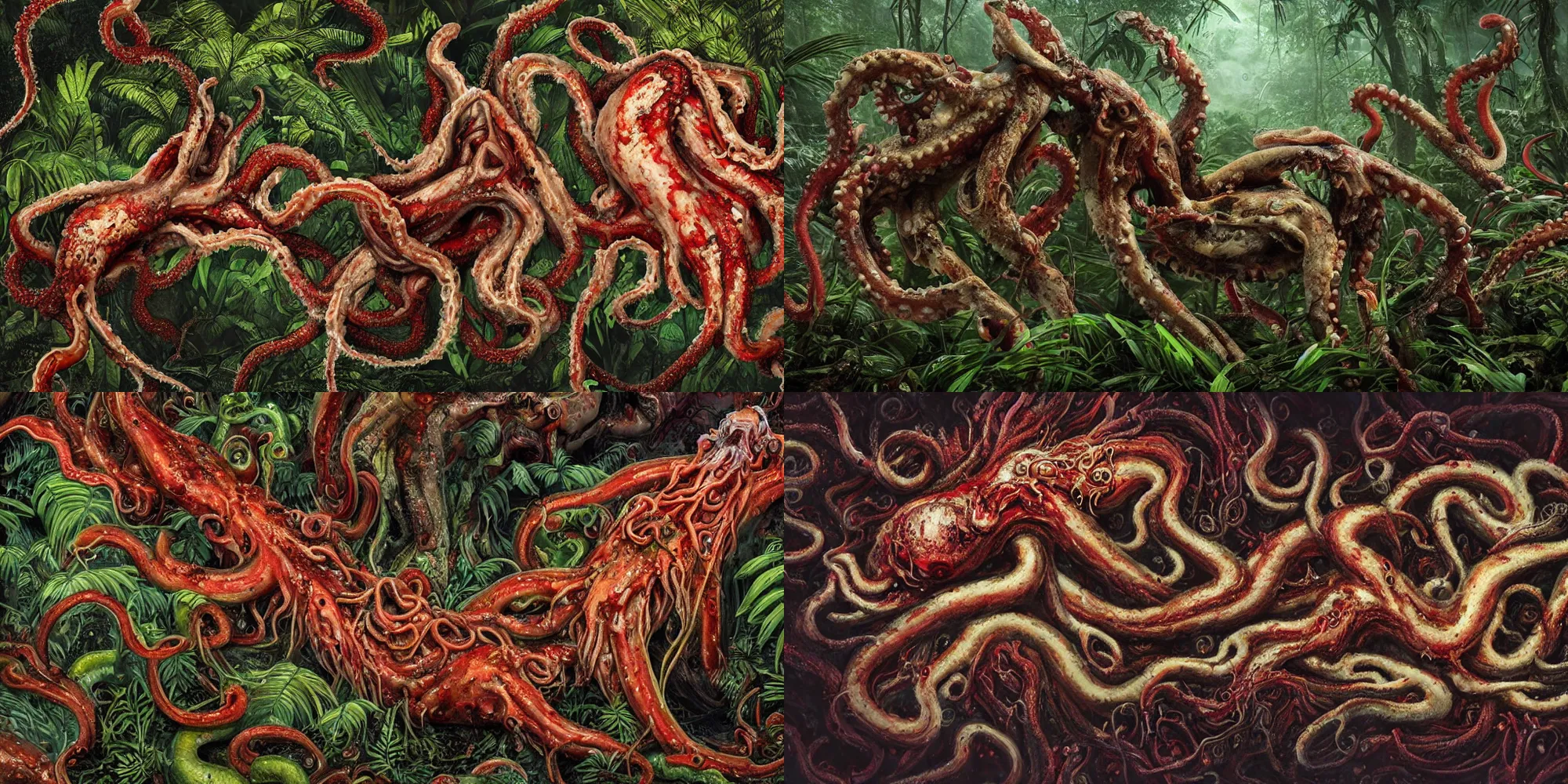 Prompt: an ultra-detailed high-quality photo of twisted humans and squids melting together, forming a livid amorphous mass of blood-oozing body horror composed of random limbs, tentacles, patches of fur, eyes, teeth, and intestines falling out and slithering, in a deep lush jungle at night, hazy atmosphere