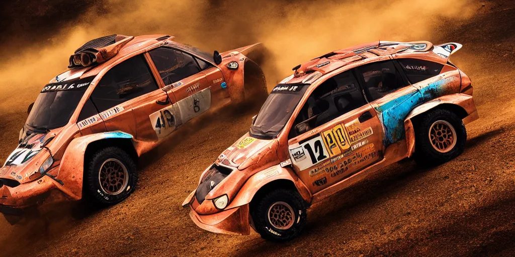 Prompt: offroad rally car copper paint job by sebastian luca and pablo carpio and edgaras cernikas and wang ke and damon greenhalgh, in wide view shot. blank background with some dreamy color lights.