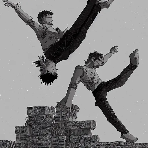 Image similar to rpg character concept art, twin brothers being cute doing acroyoga in a junkyard, no soup, intricate detail, in the style of jamie hewlett killian eng kawase hasui riyoko ikeda, 3 d render, artstation trending, 8 k, octane render, photorealistic, volumetric lighting caustics, sharp detail, manga, black and white