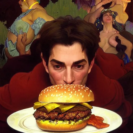 Prompt: painted portrait of ( ( ( dr. oz ) ) ) eating giant hamburgers, mature, handsome, fantasy, intricate, elegant, highly detailed, digital painting, artstation, concept art, sharp focus, illustration, illumination, holy ethereal light, art by gaston bussiere and alphonse mucha