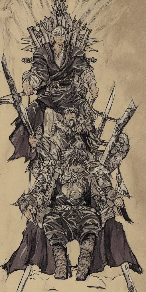 Image similar to a king on a throne drawn by Makoto Yukimura in the style of Vinland saga anime, full color