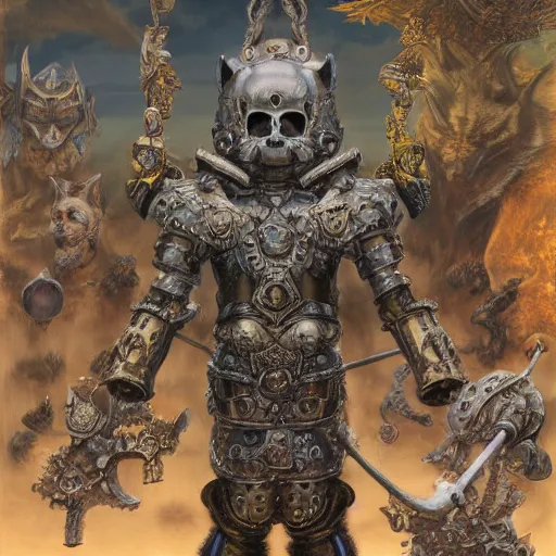 Prompt: anthropomorphic shiba inu, bismuth metal armor, anthropomorphic shiba inu, standing, cementary of skulls, fantasy 3 d render, masterpiece, red aura, by donato giancola and greg rutkowski and wayne barlow and zdzisław beksinski, realistic face