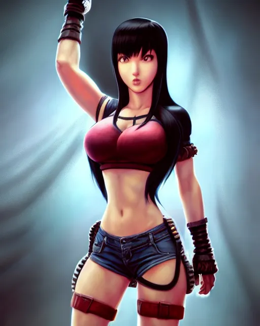 Prompt: an epic comic book style full body portrait painting of beautiful tifa lockheart, character design by Mark Ryden and Pixar and Hayao Miyazaki, unreal 5, DAZ, hyperrealistic, octane render, RPG portrait, dynamic lighting, intricate detail, summer vibrancy, cinematic