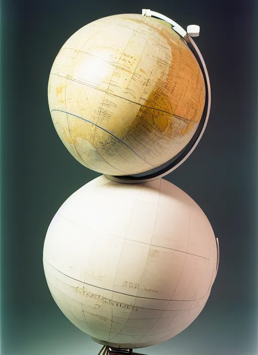 Image similar to realistic photo of a scientific model of an ugly rough globe made of white clay with wooden details, front view 1 9 9 0, life magazine reportage photo, metropolitan museum photo