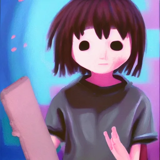 Image similar to expressive oil painting of the character madotsuki from the game yume nikki