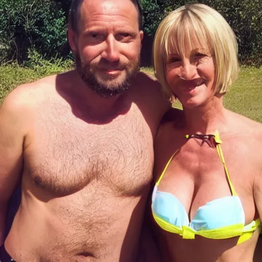 Image similar to photo of a 3 5 year old man that looks young for his age dating a very attractive 5 5 year old woman wearing with short blondish hair wearing a bikini.