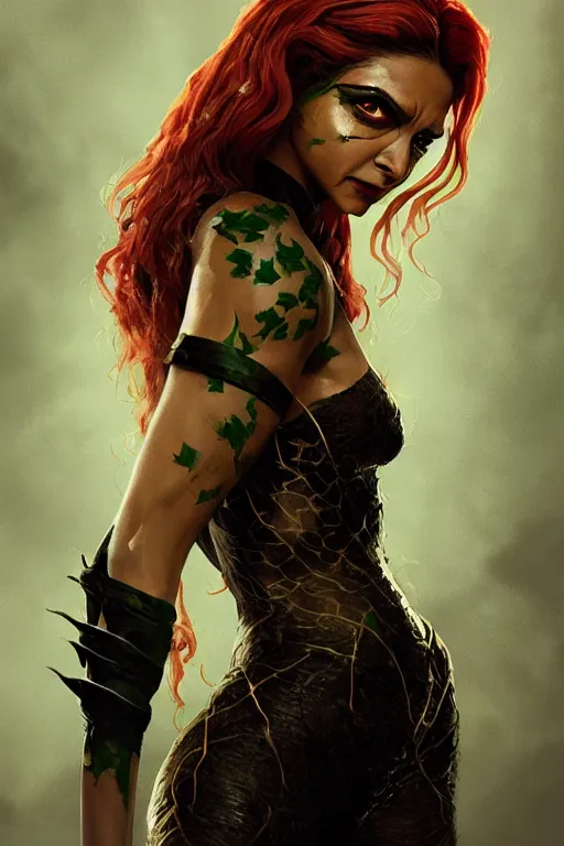 Prompt: Portrait of Deepika Padukone as Poison Ivy, in Batman movie still cinematic, artstation, Greg rutkowski, UHD 8K